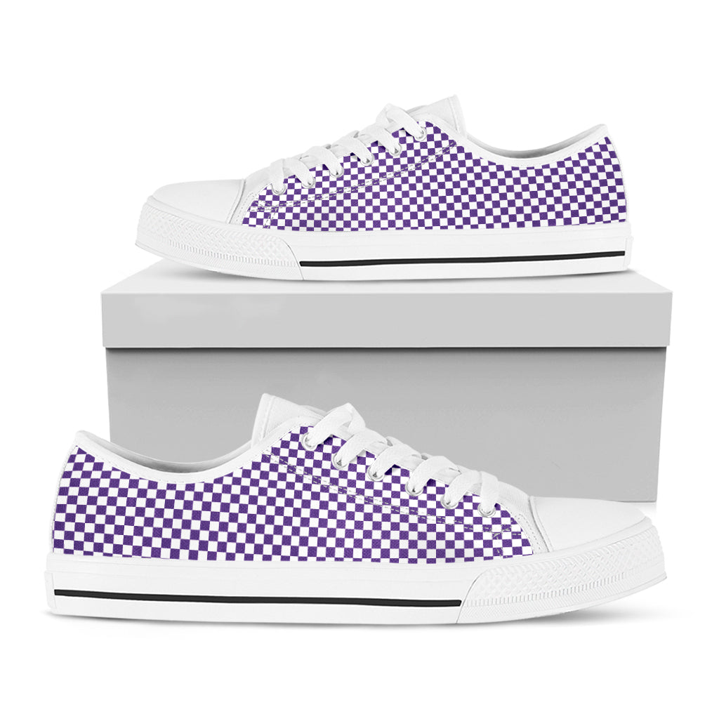 Purple And White Checkered Pattern Print White Low Top Shoes