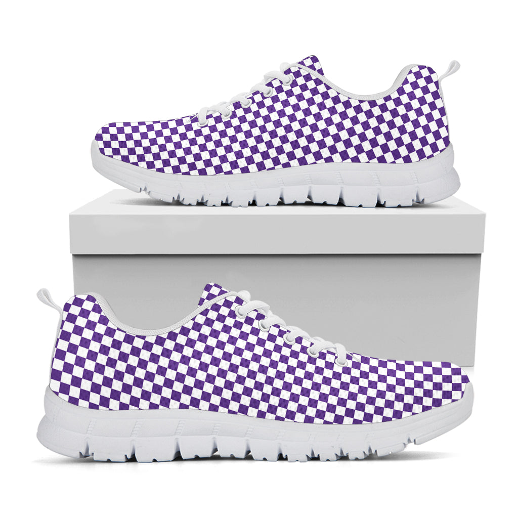 Purple And White Checkered Pattern Print White Sneakers