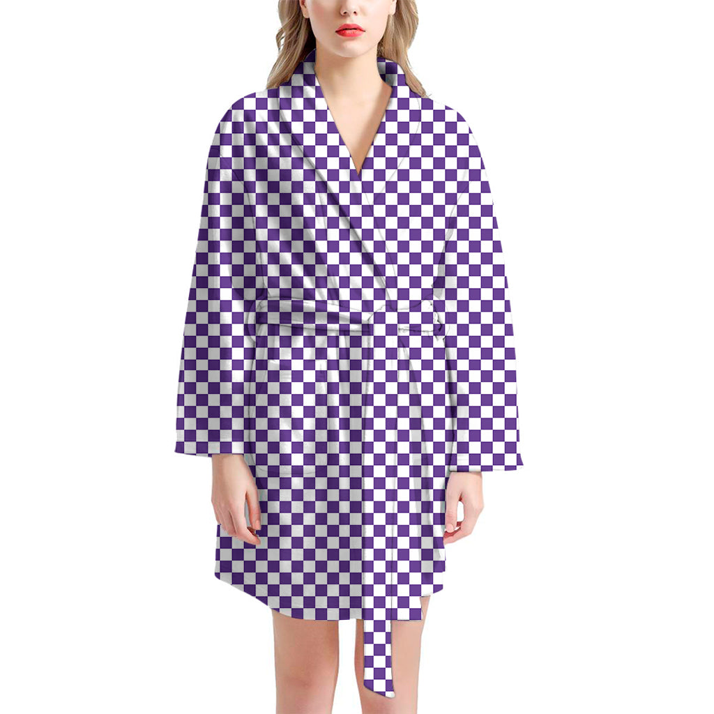 Purple And White Checkered Pattern Print Women's Bathrobe