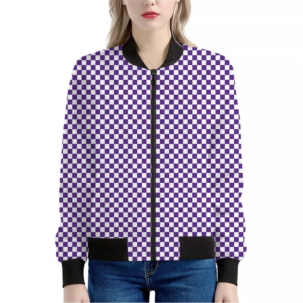 Purple And White Checkered Pattern Print Women's Bomber Jacket