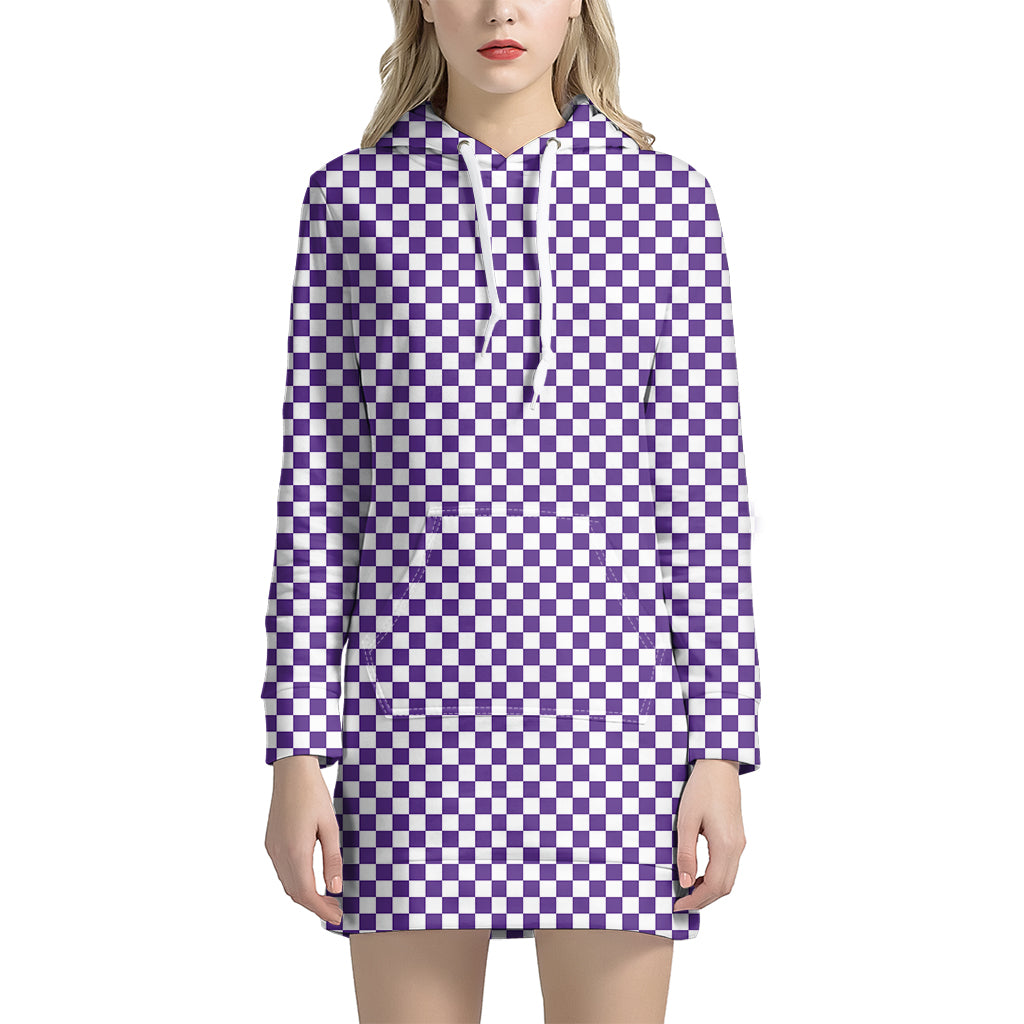 Purple And White Checkered Pattern Print Women's Pullover Hoodie Dress