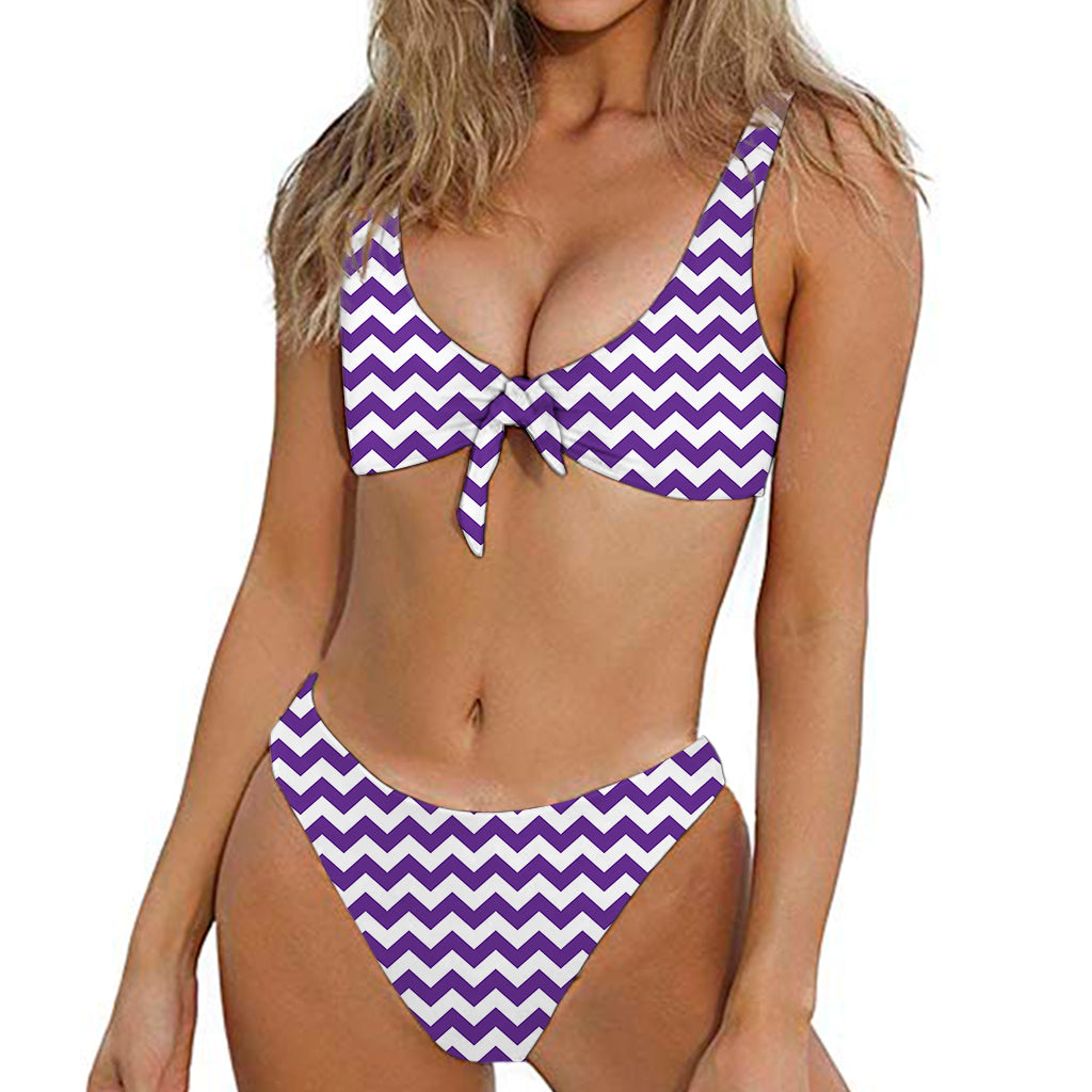 Purple And White Chevron Pattern Print Front Bow Tie Bikini