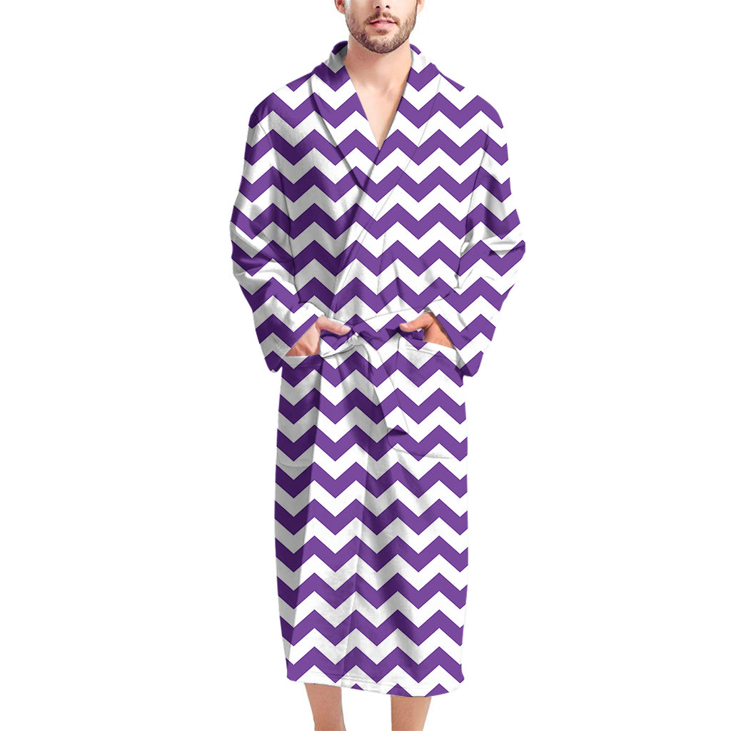 Purple And White Chevron Pattern Print Men's Bathrobe