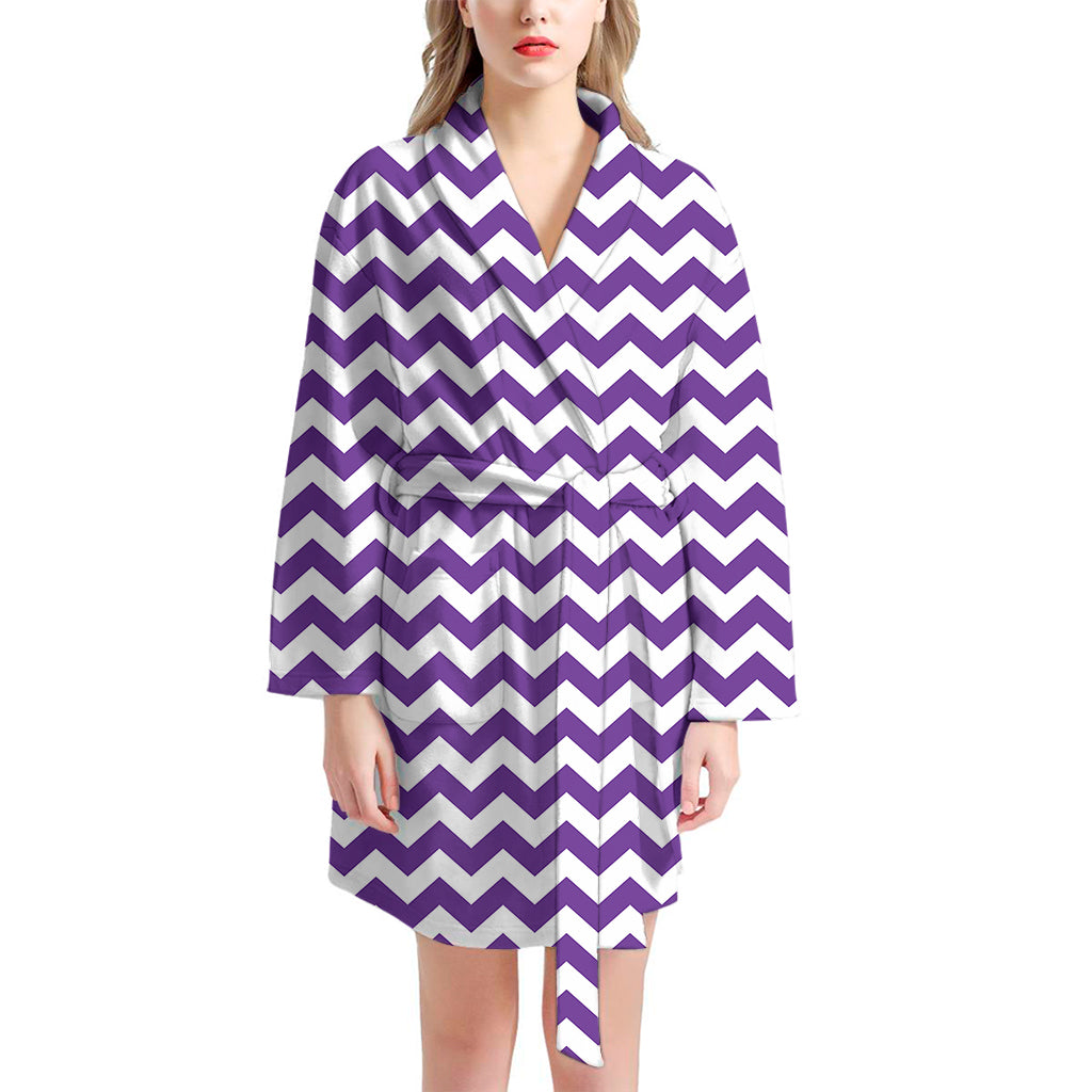 Purple And White Chevron Pattern Print Women's Bathrobe