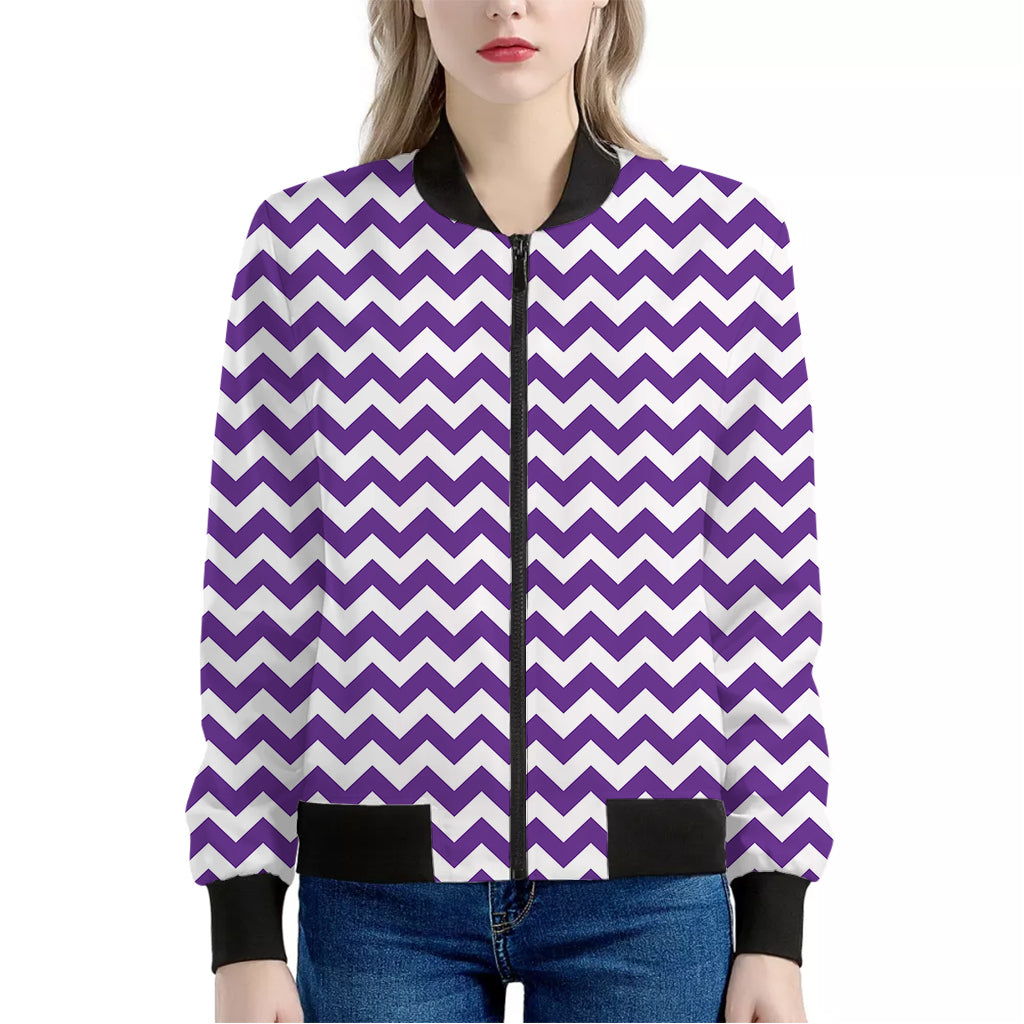 Purple And White Chevron Pattern Print Women's Bomber Jacket