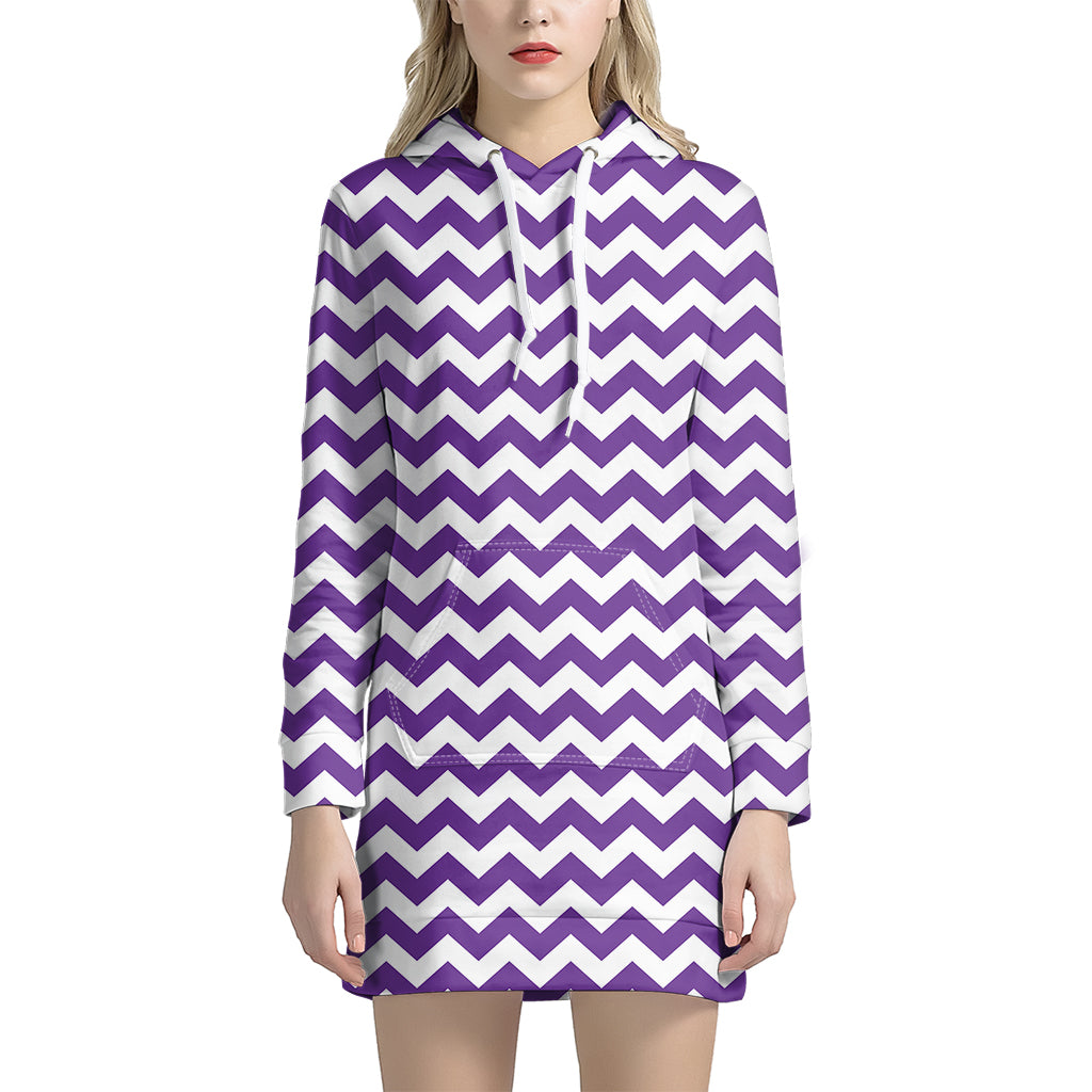 Purple And White Chevron Pattern Print Women's Pullover Hoodie Dress