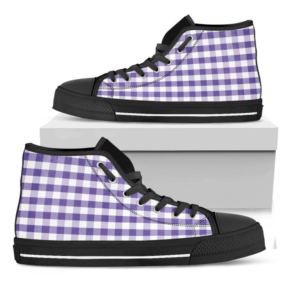 Purple And White Gingham Pattern Print Black High Top Shoes