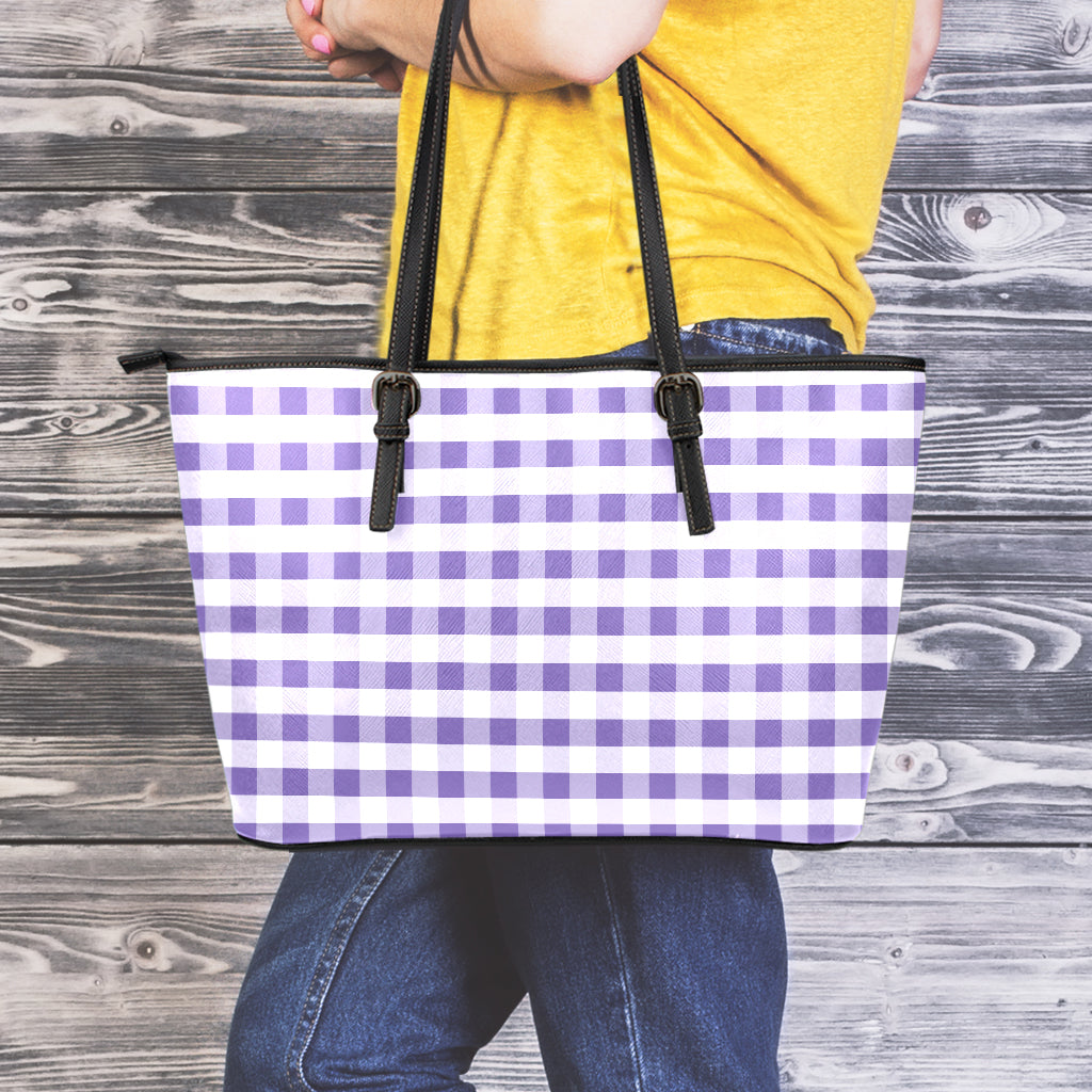 Purple And White Gingham Pattern Print Leather Tote Bag