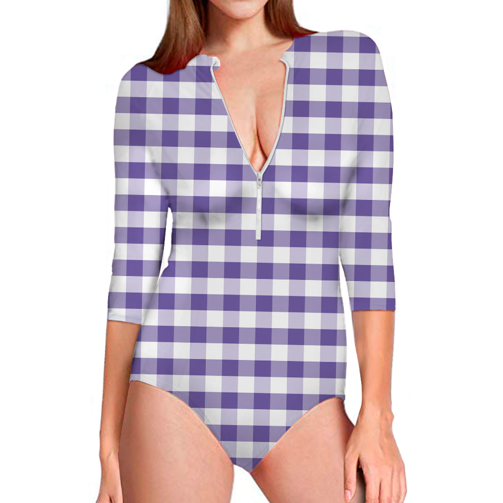 Purple And White Gingham Pattern Print Long Sleeve One Piece Swimsuit