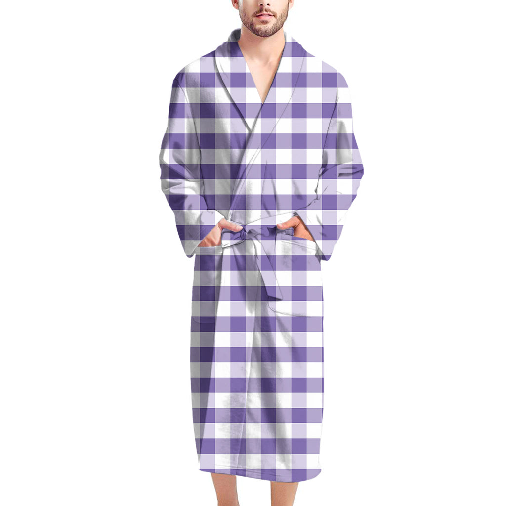 Purple And White Gingham Pattern Print Men's Bathrobe