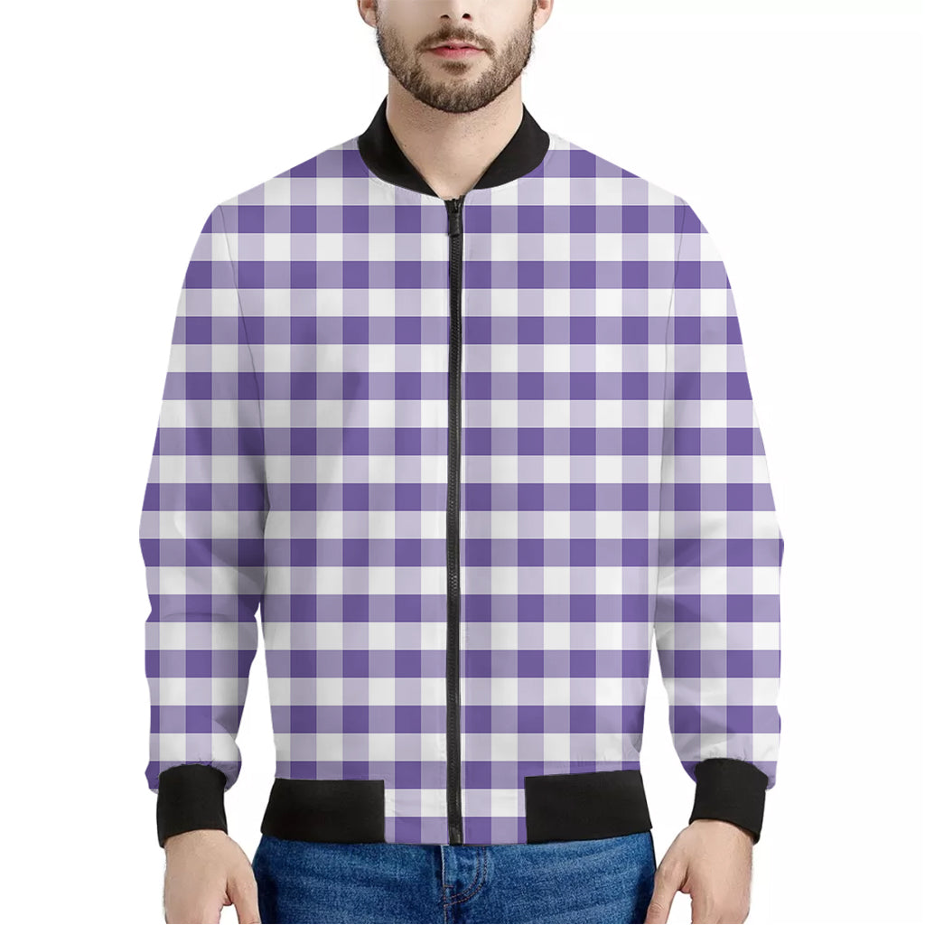 Purple And White Gingham Pattern Print Men's Bomber Jacket