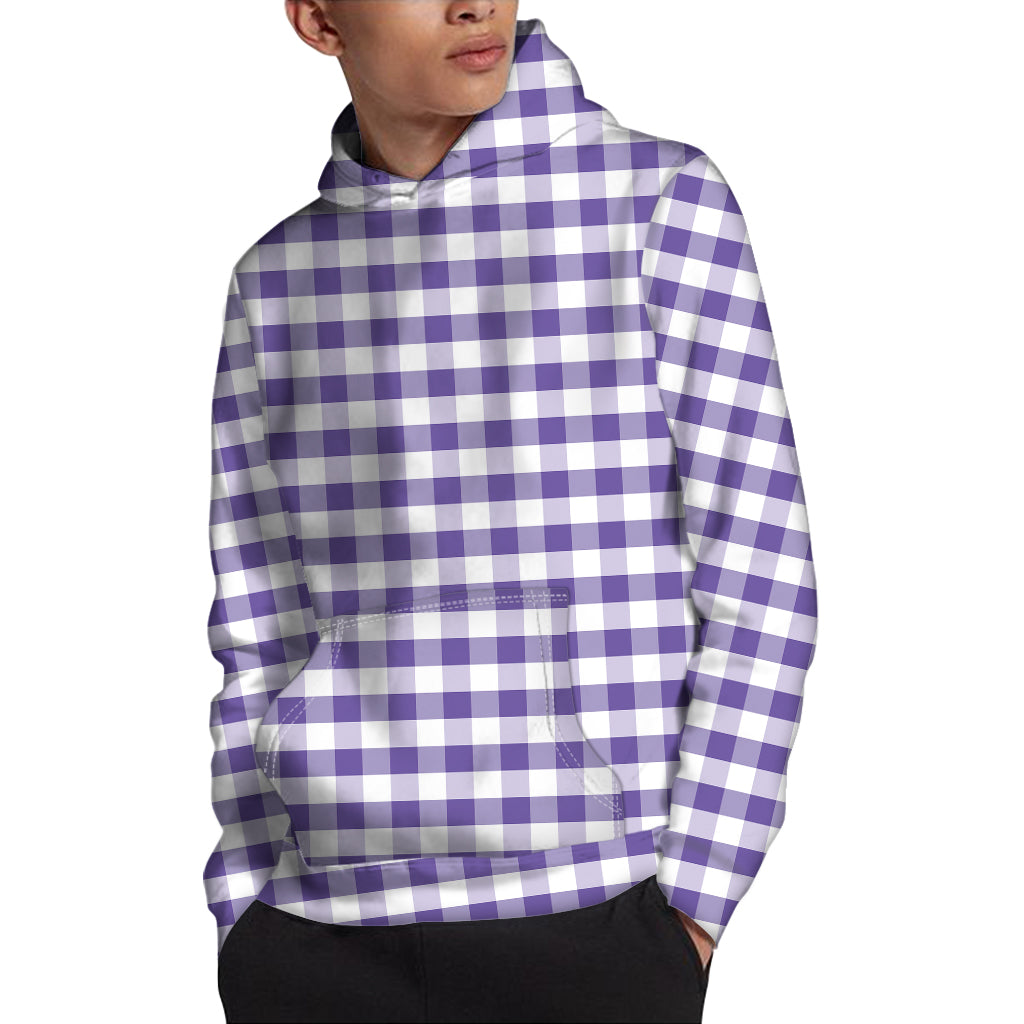 Purple And White Gingham Pattern Print Pullover Hoodie