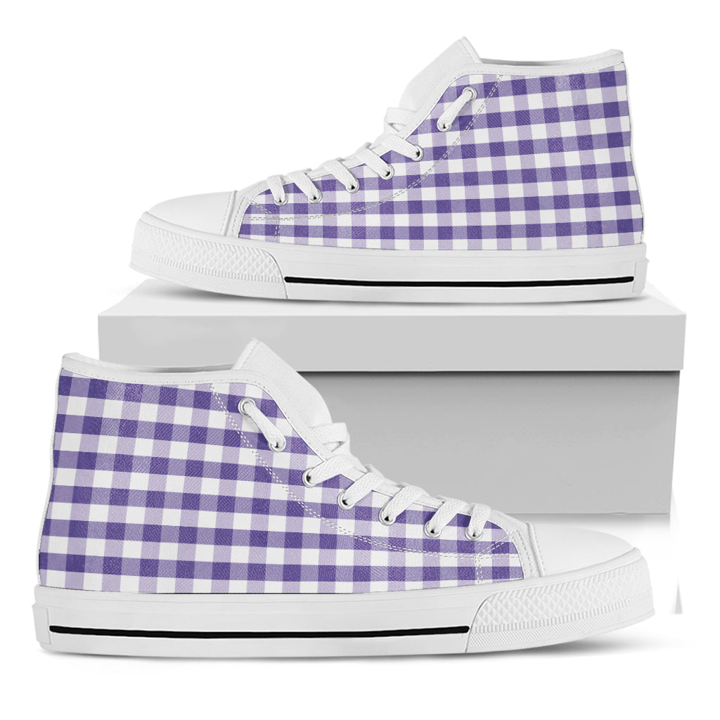 Purple And White Gingham Pattern Print White High Top Shoes