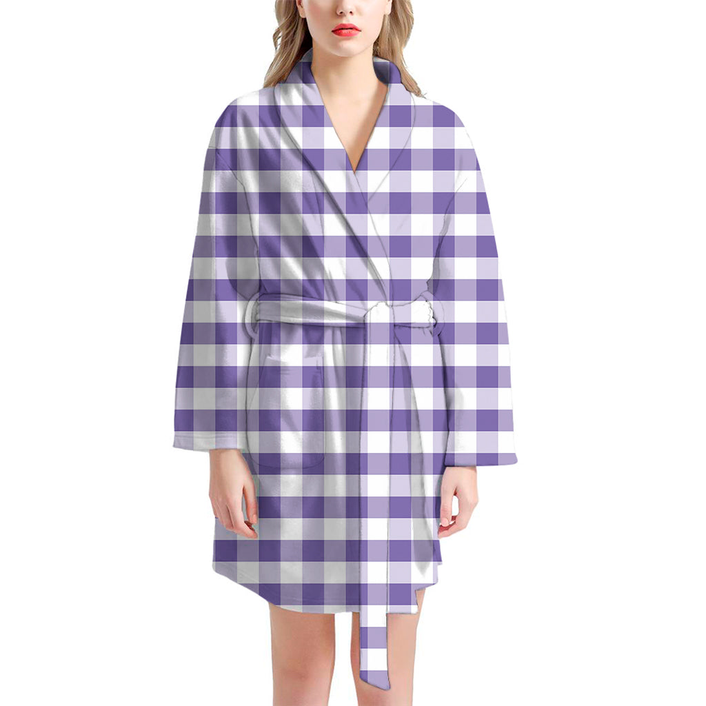 Purple And White Gingham Pattern Print Women's Bathrobe