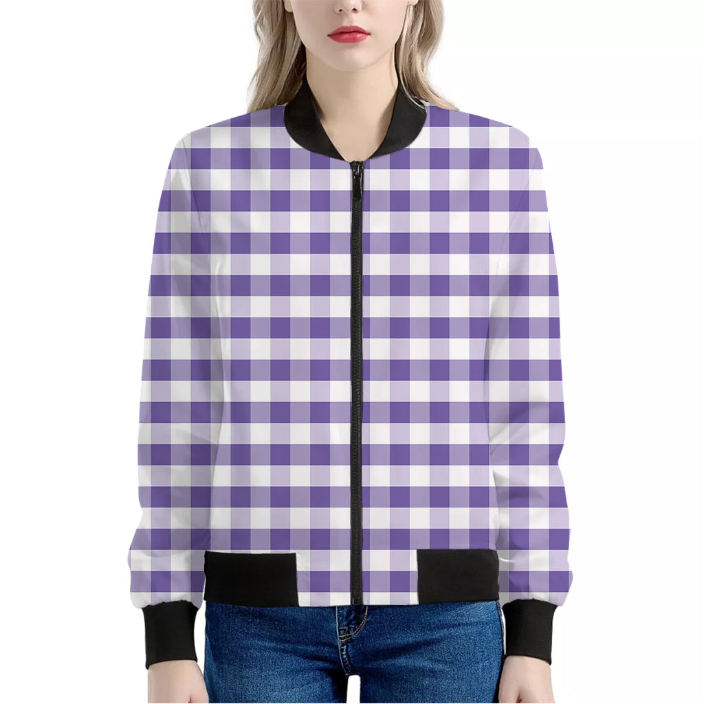 Purple And White Gingham Pattern Print Women's Bomber Jacket