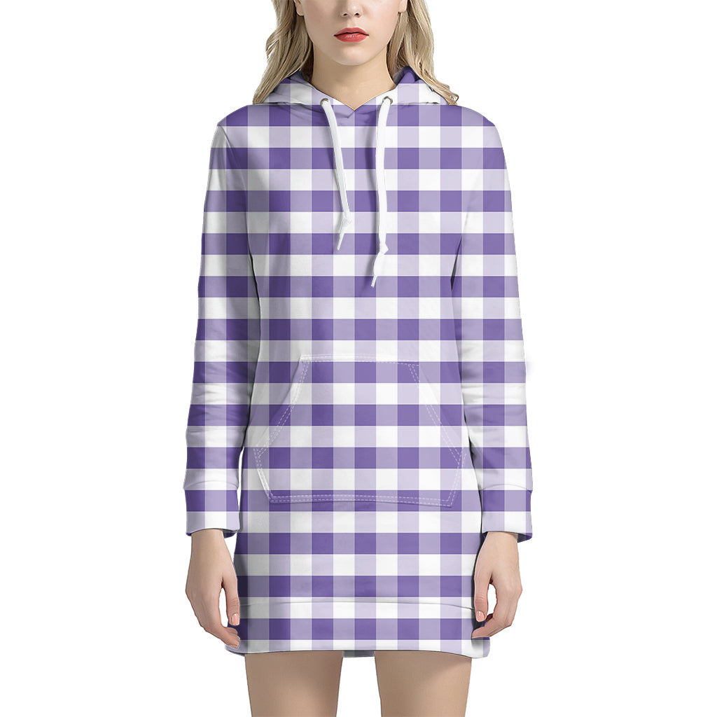 Purple And White Gingham Pattern Print Women's Pullover Hoodie Dress