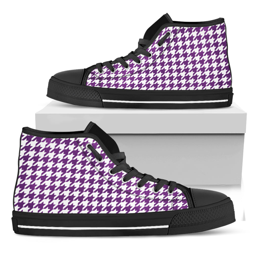 Purple And White Houndstooth Print Black High Top Shoes