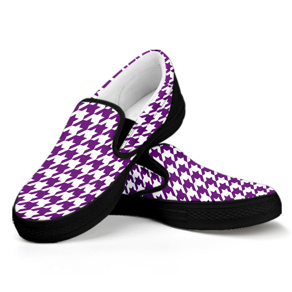 Purple And White Houndstooth Print Black Slip On Shoes