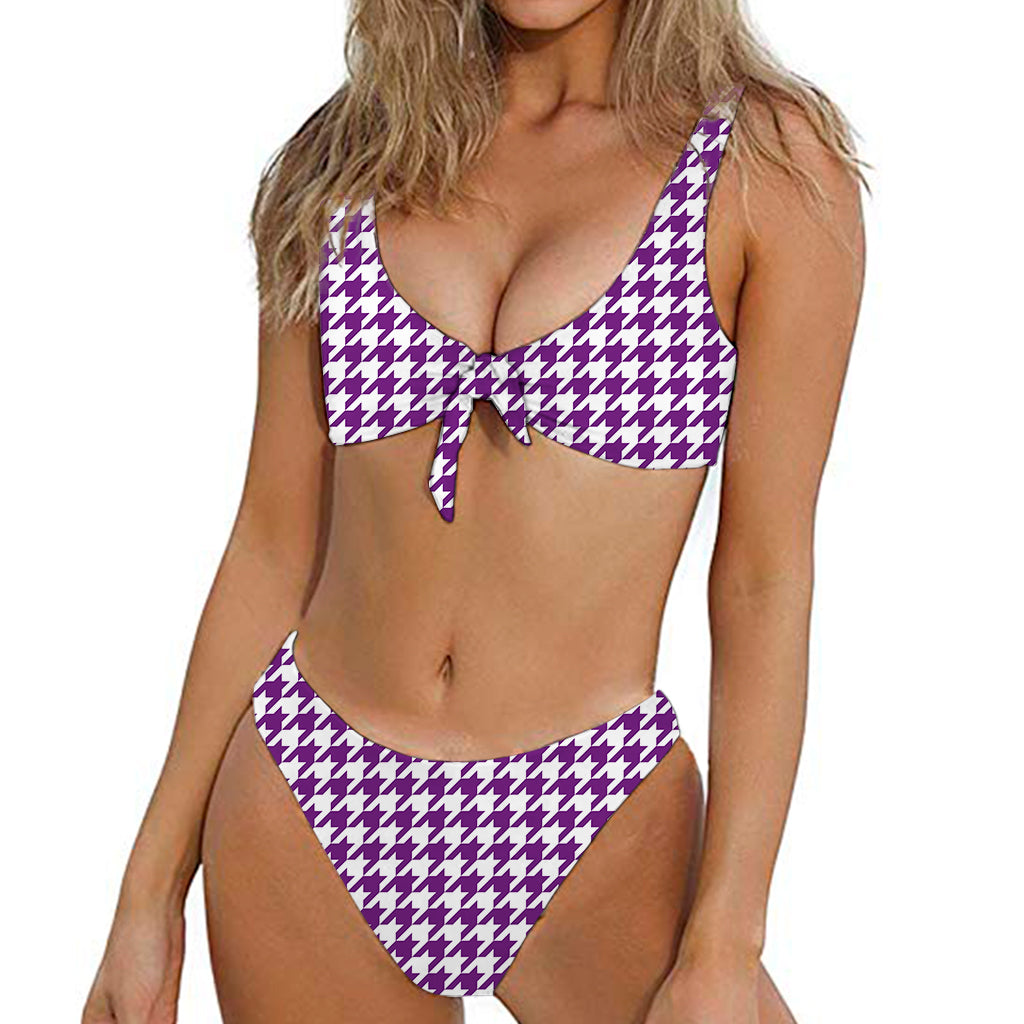 Purple And White Houndstooth Print Front Bow Tie Bikini