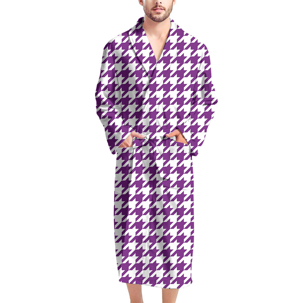 Purple And White Houndstooth Print Men's Bathrobe