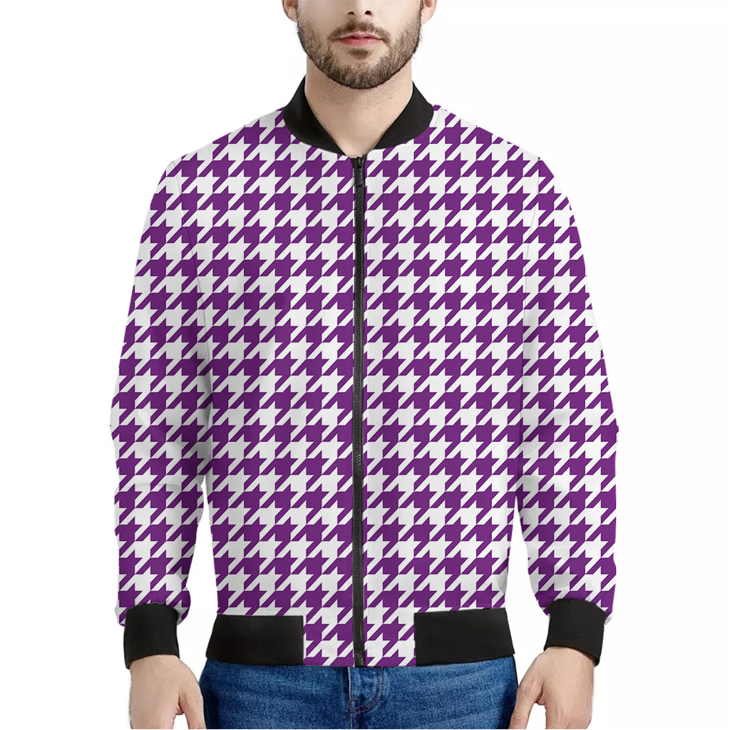 Purple And White Houndstooth Print Men's Bomber Jacket