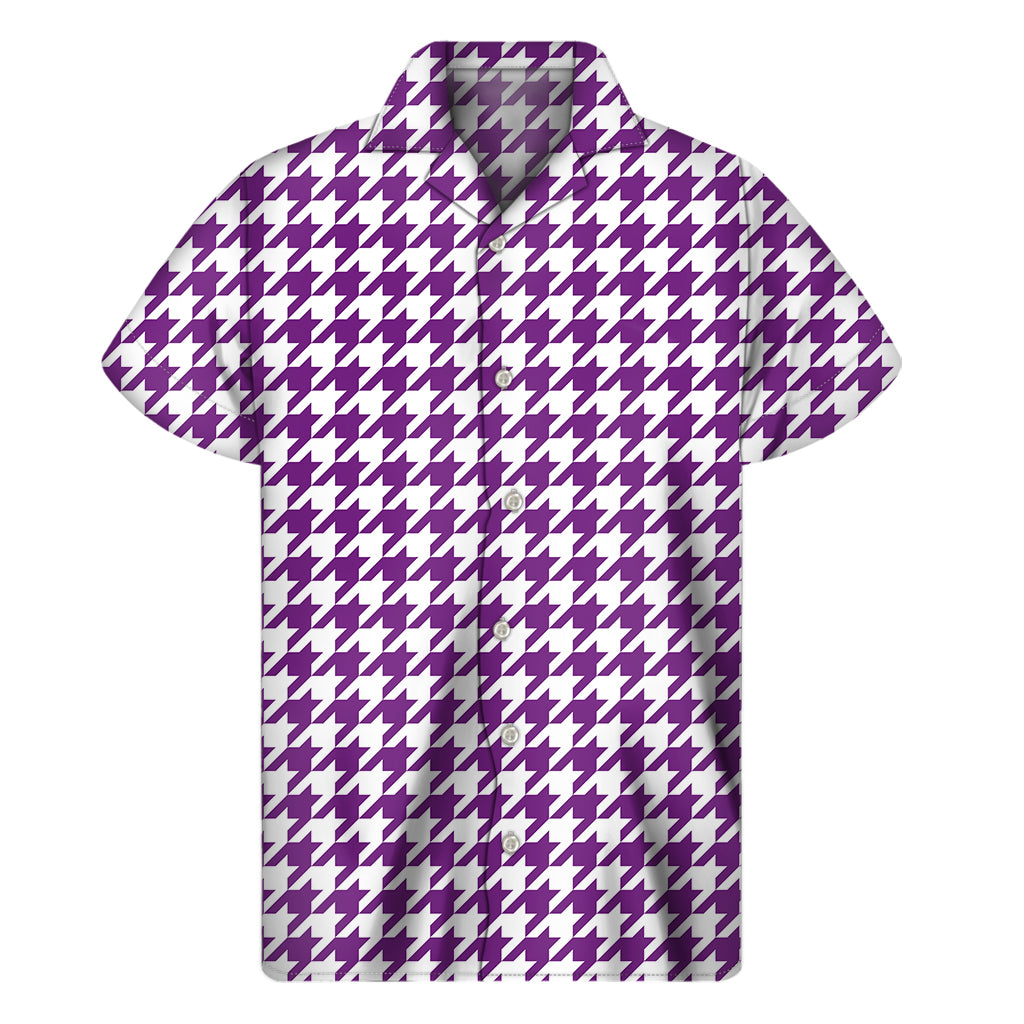 Purple And White Houndstooth Print Men's Short Sleeve Shirt