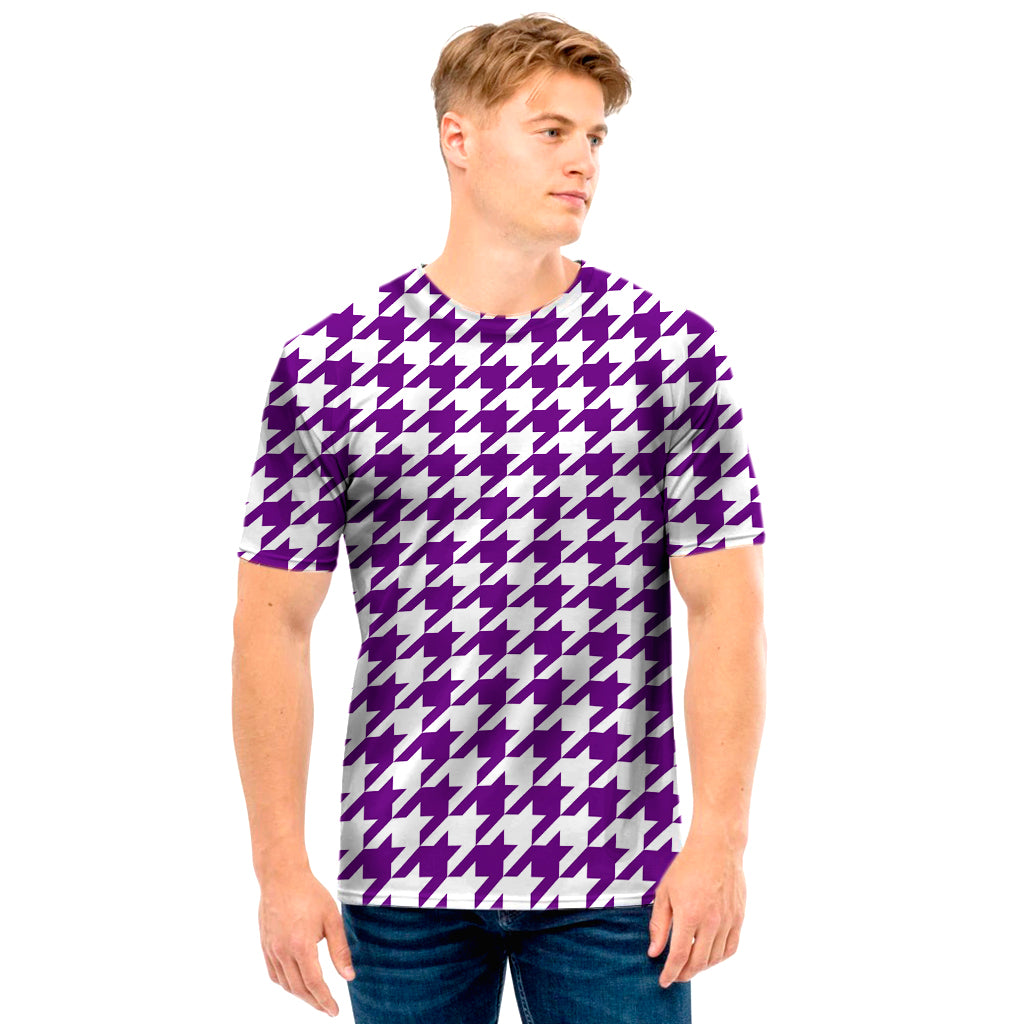 Purple And White Houndstooth Print Men's T-Shirt