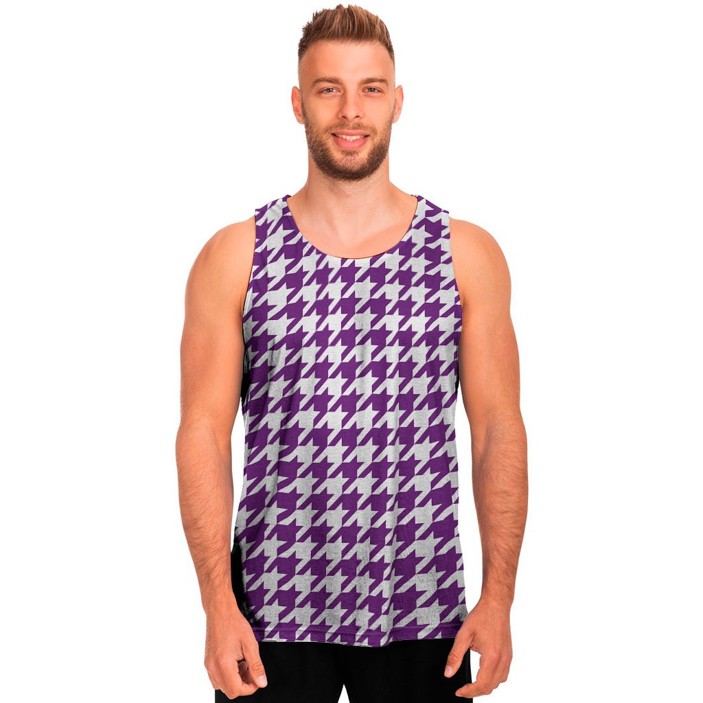 Purple And White Houndstooth Print Men's Tank Top