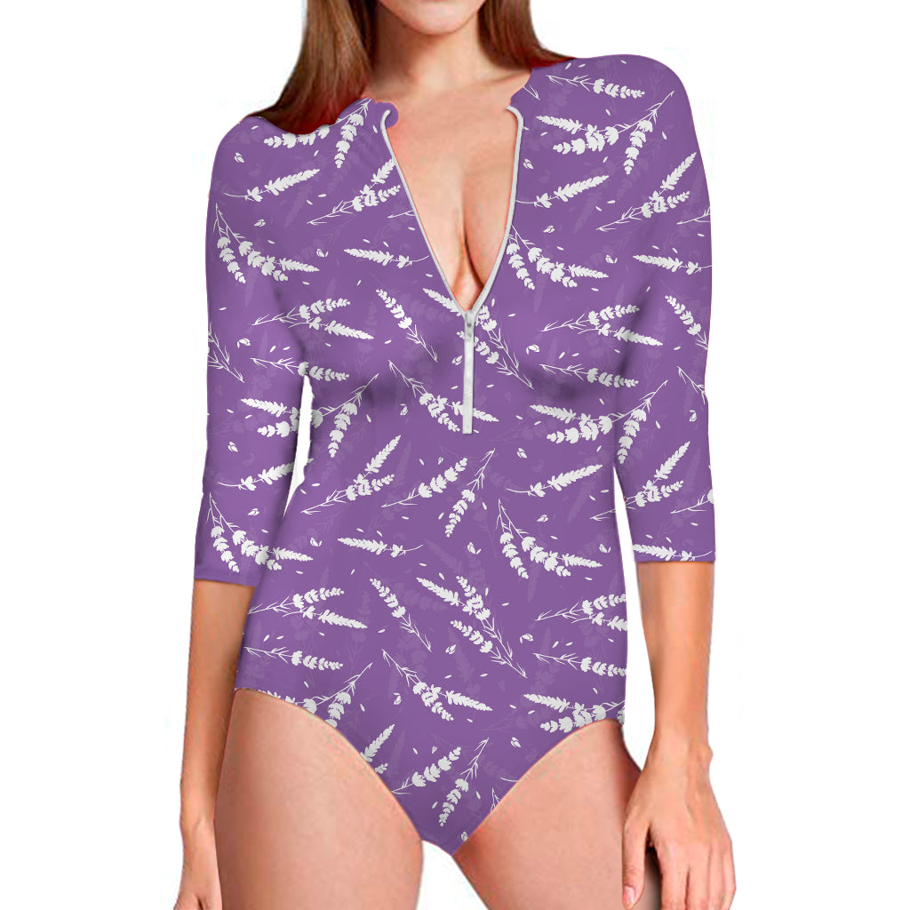 Purple And White Lavender Pattern Print Long Sleeve One Piece Swimsuit