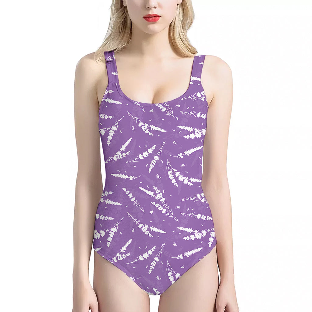 Purple And White Lavender Pattern Print One Piece Halter Neck Swimsuit