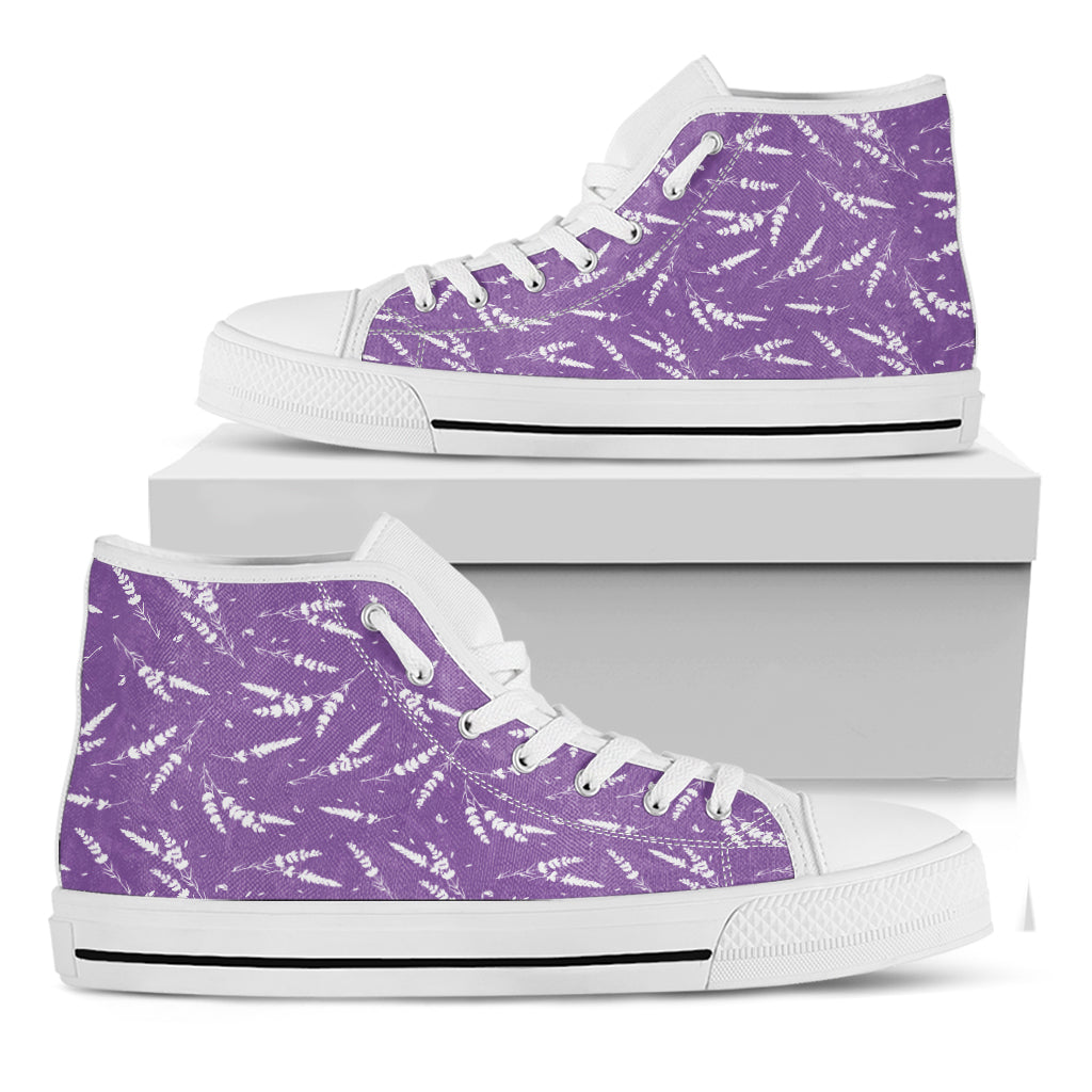 Purple And White Lavender Pattern Print White High Top Shoes