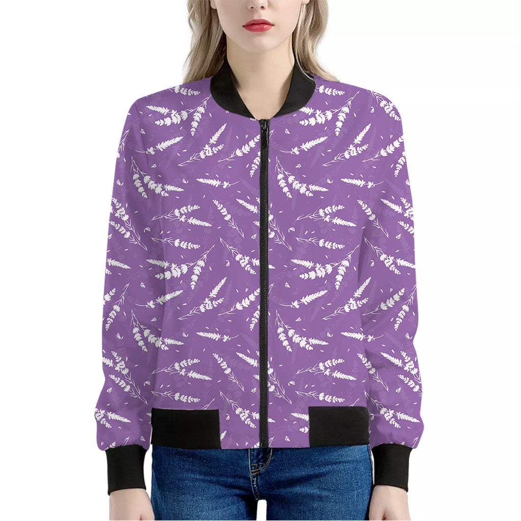 Purple And White Lavender Pattern Print Women's Bomber Jacket