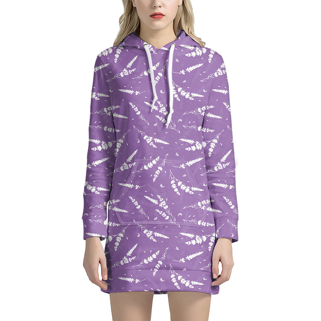 Purple And White Lavender Pattern Print Women's Pullover Hoodie Dress