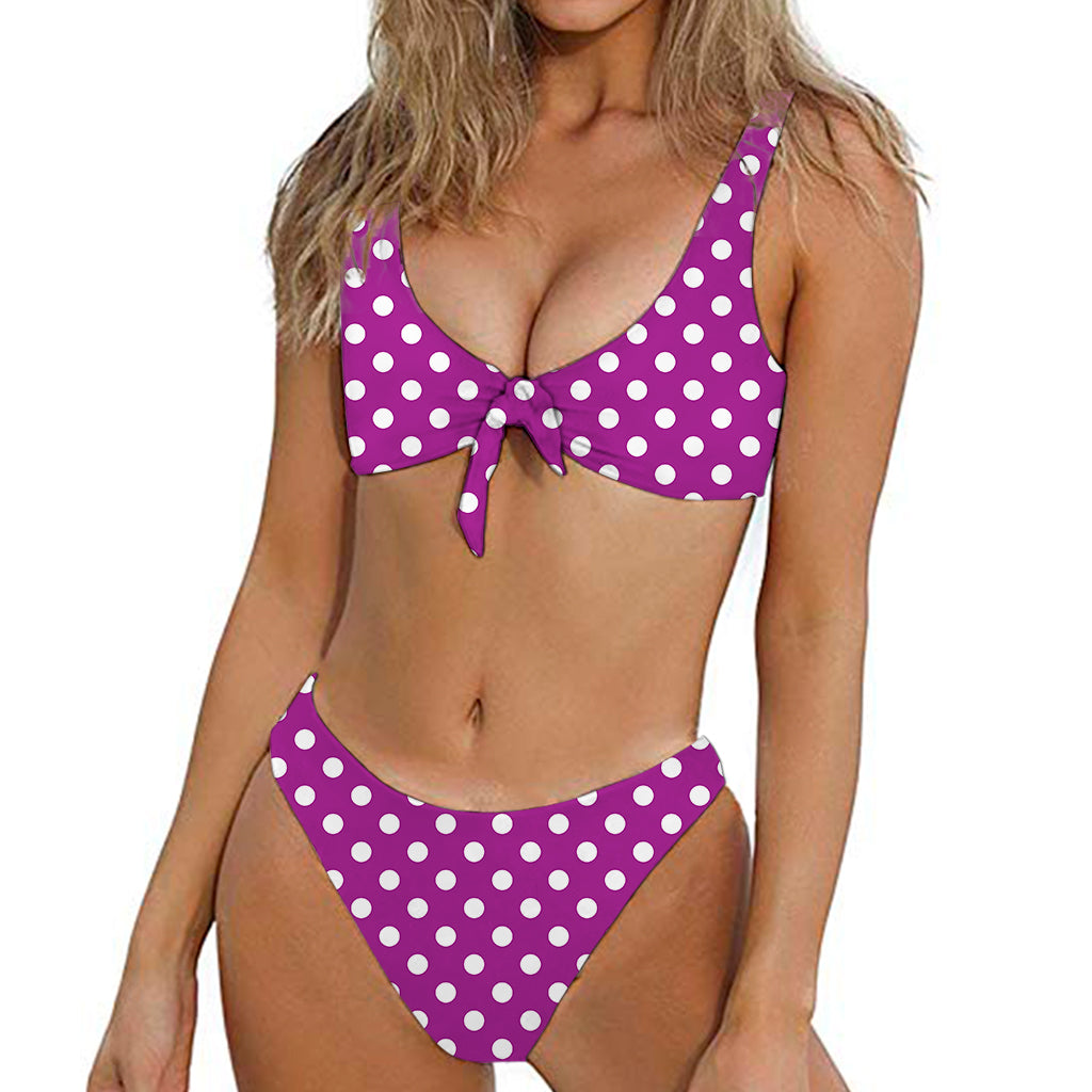 Purple And White Polka Dot Pattern Print Front Bow Tie Bikini