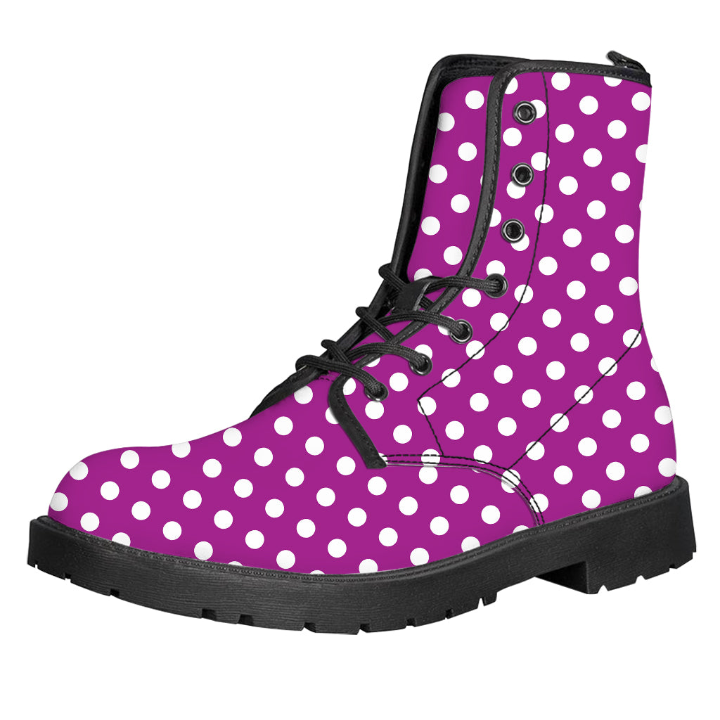 Purple And White Polka Dot Pattern Print Leather Boots