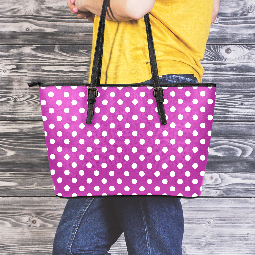 Purple And White Polka Dot Pattern Print Leather Tote Bag