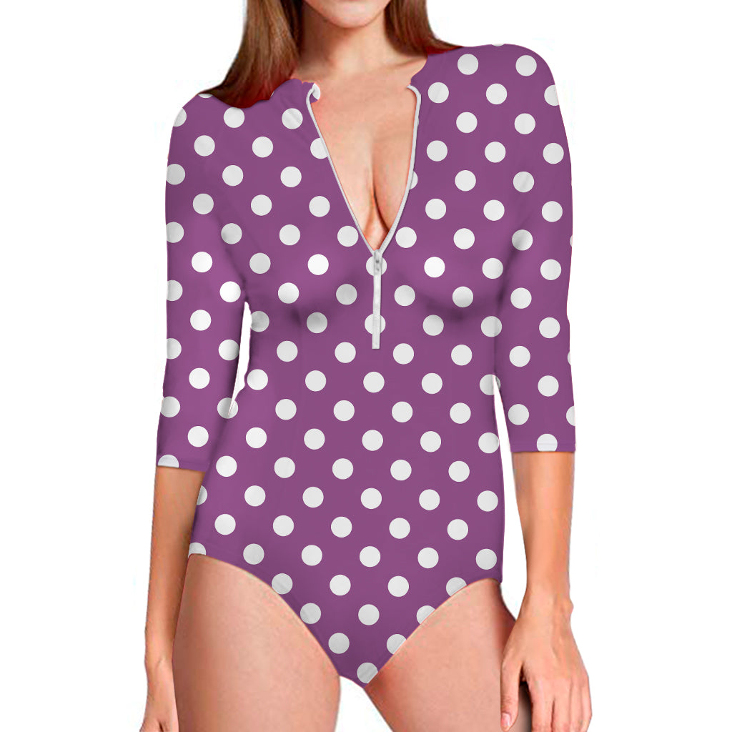 Purple And White Polka Dot Pattern Print Long Sleeve One Piece Swimsuit