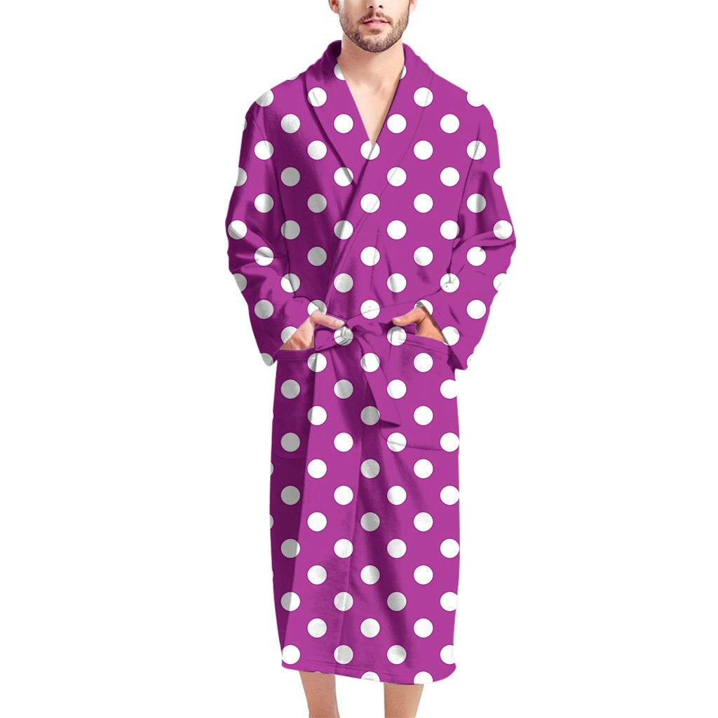 Purple And White Polka Dot Pattern Print Men's Bathrobe