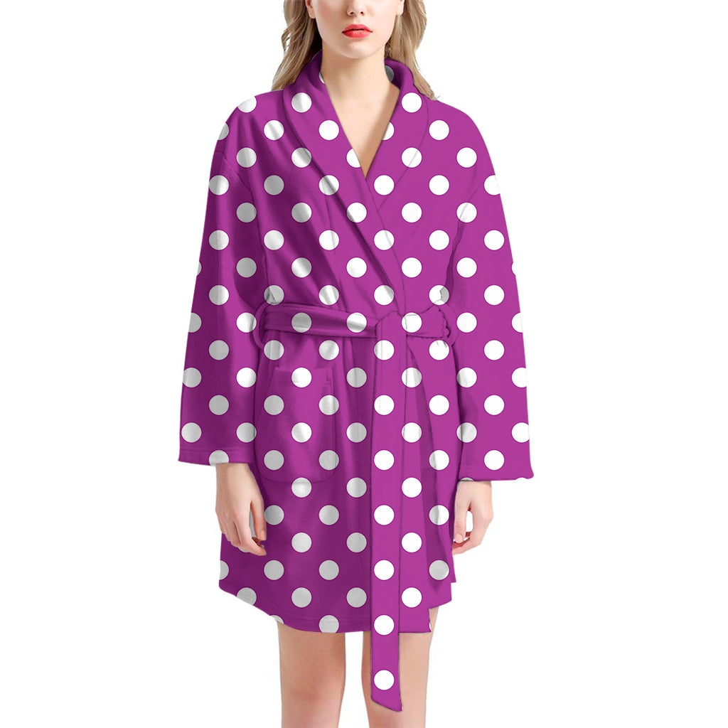 Purple And White Polka Dot Pattern Print Women's Bathrobe