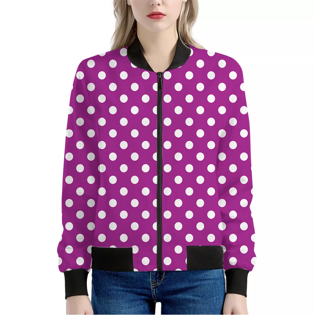 Purple And White Polka Dot Pattern Print Women's Bomber Jacket