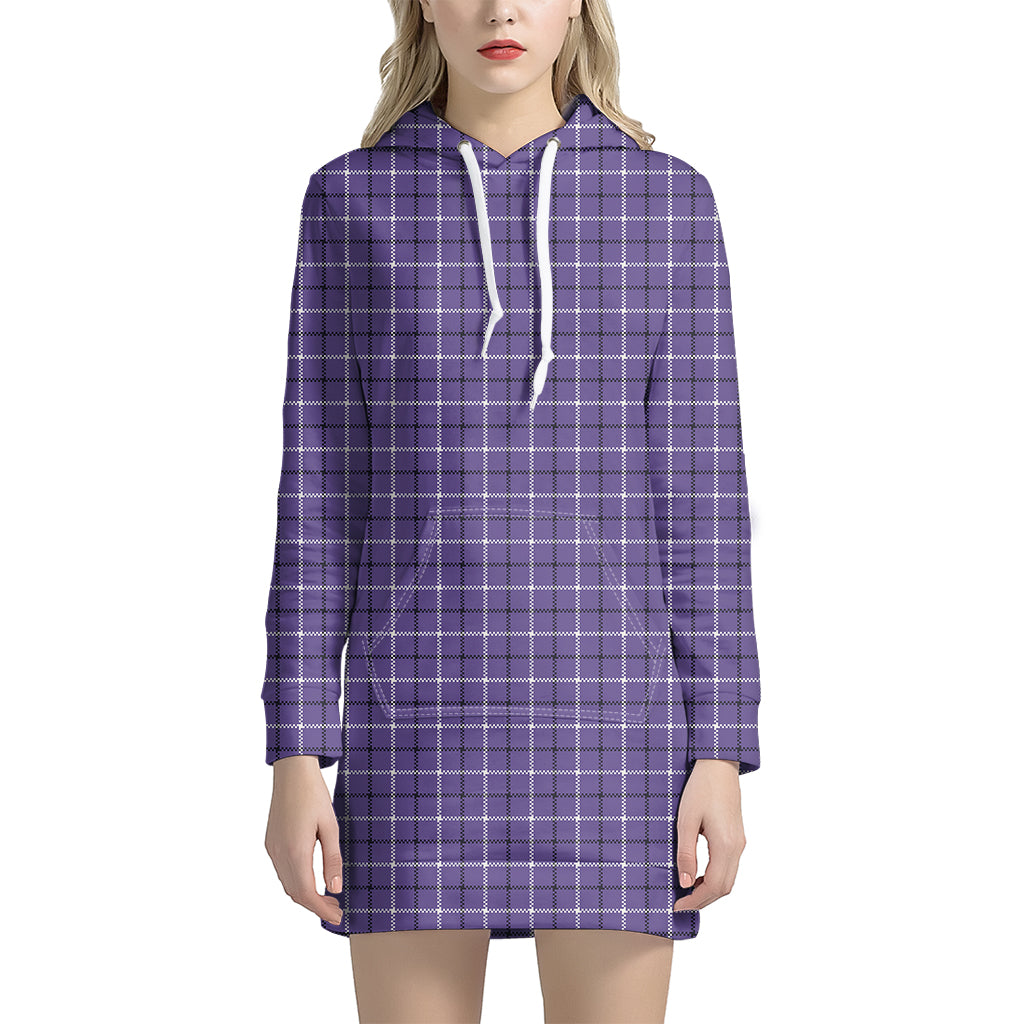 Purple And White Tattersall Print Women's Pullover Hoodie Dress