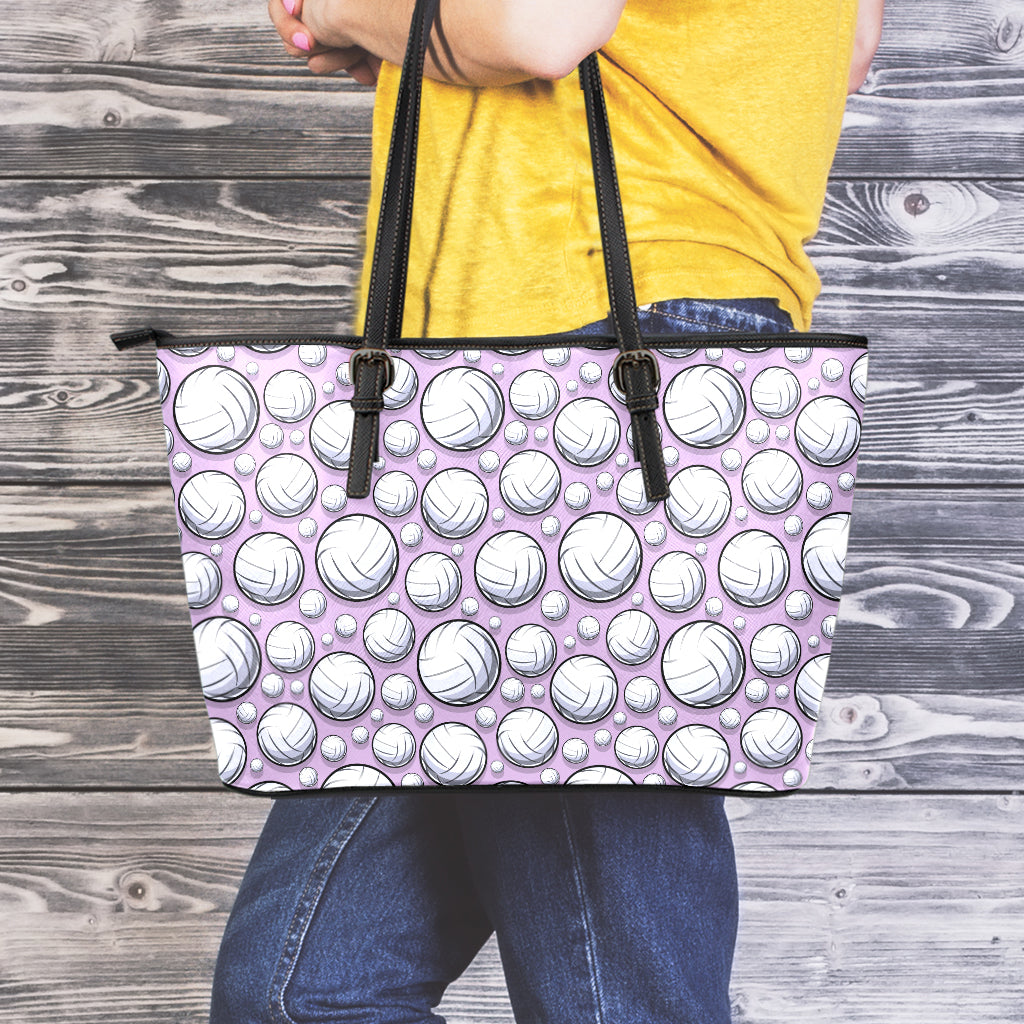 Purple And White Volleyball Print Leather Tote Bag