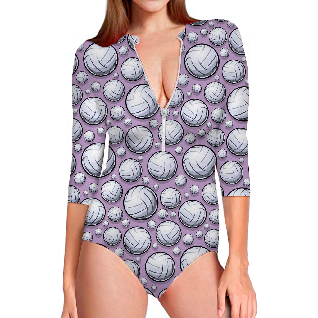 Purple And White Volleyball Print Long Sleeve One Piece Swimsuit