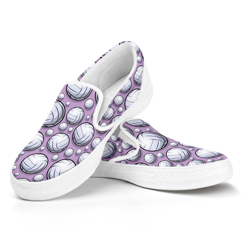 Purple And White Volleyball Print White Slip On Shoes