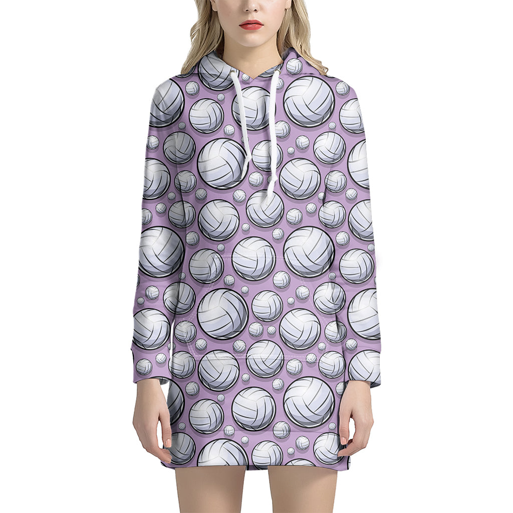 Purple And White Volleyball Print Women's Pullover Hoodie Dress