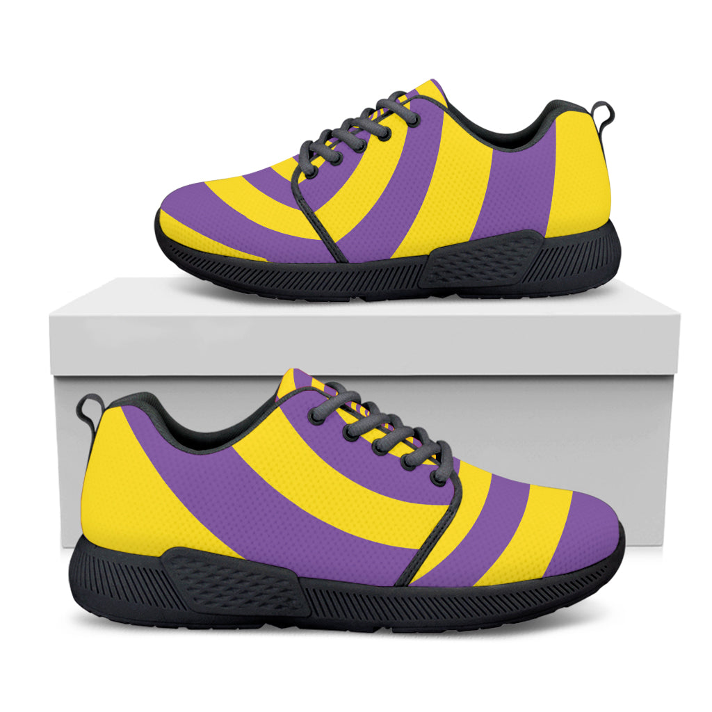 Purple And Yellow Spiral Illusion Print Black Athletic Shoes