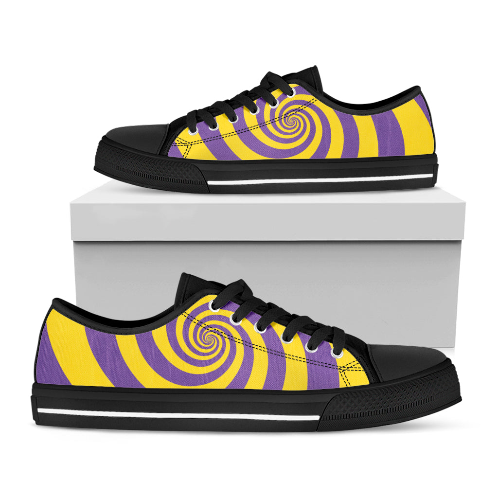 Purple And Yellow Spiral Illusion Print Black Low Top Shoes