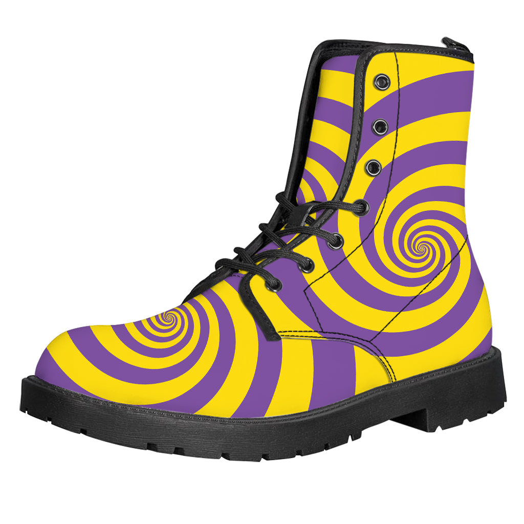 Purple And Yellow Spiral Illusion Print Leather Boots