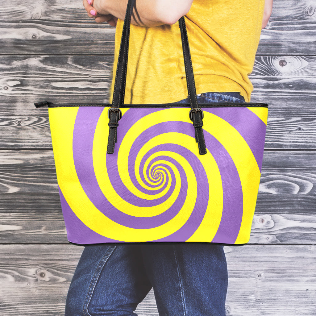 Purple And Yellow Spiral Illusion Print Leather Tote Bag