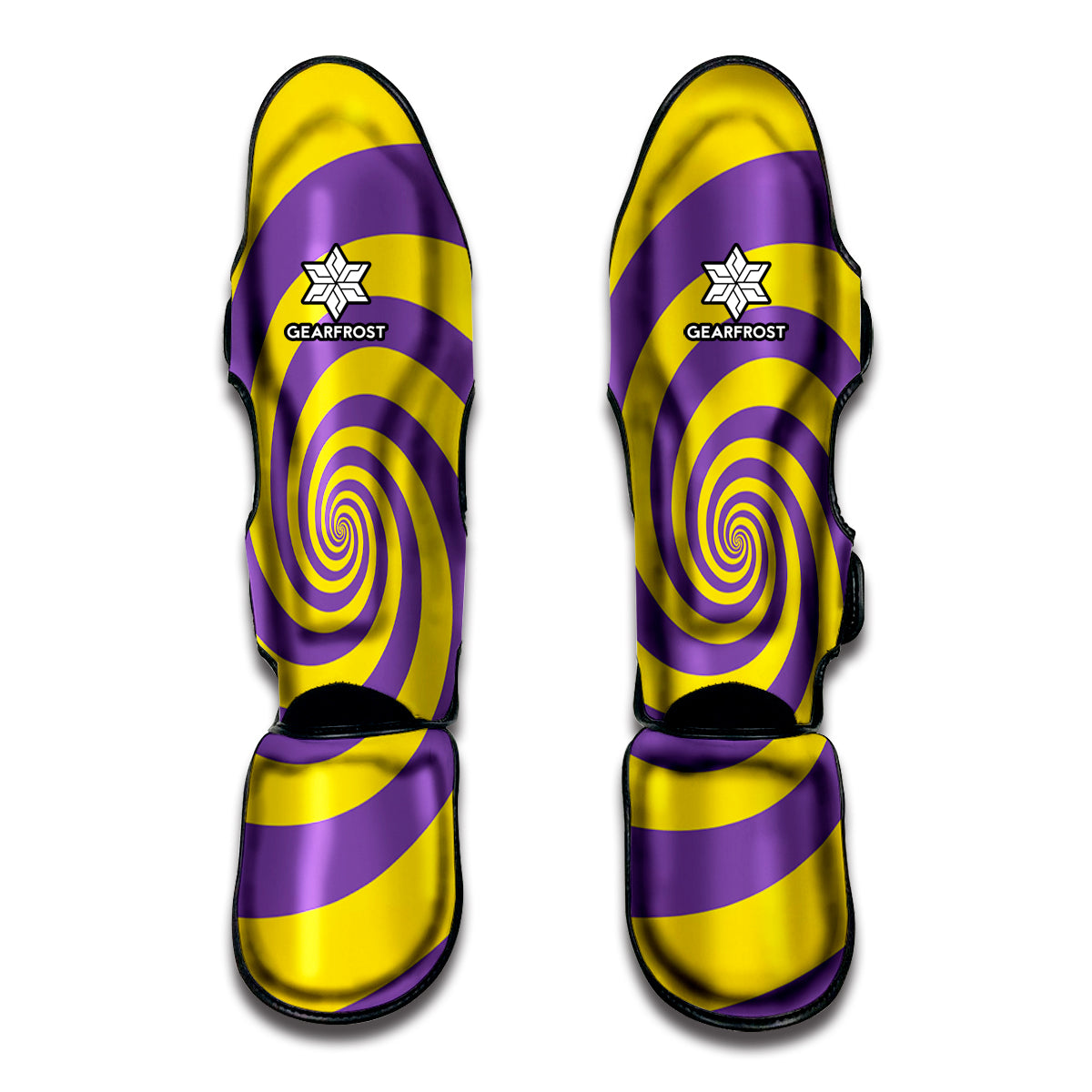 Purple And Yellow Spiral Illusion Print Muay Thai Shin Guards